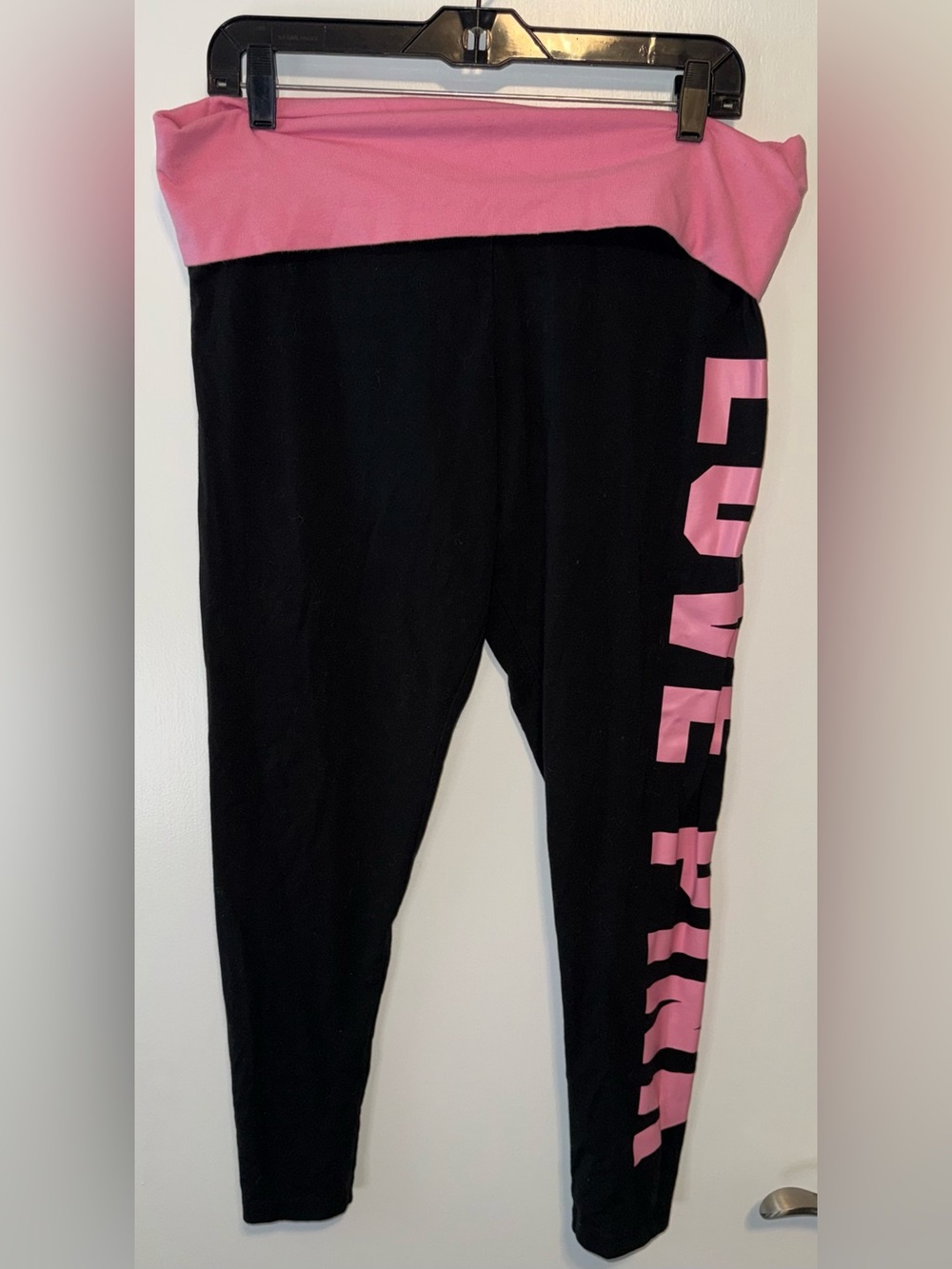 PINK Victoria's Secret Black Leggings with Pink Foldover Waist and Side Logo